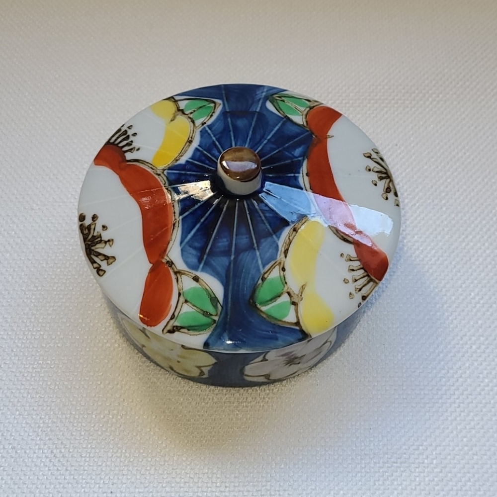 Enesco Covered Porcelain Dish Trinket Box Japanese Umbrella Box Vintage